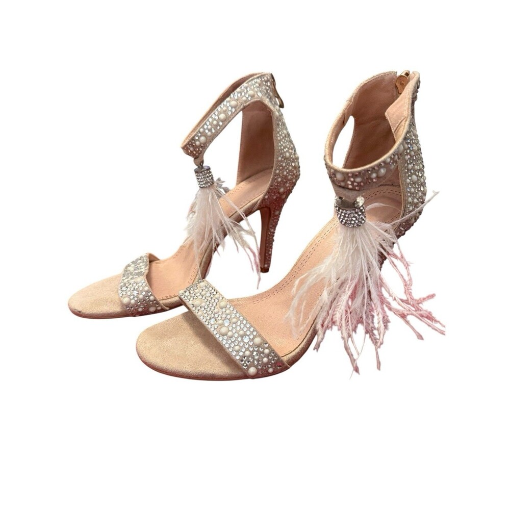 Rhinestone Pearl Feather Tassel Stiletto Sandals Champagne Nude Size 8.5 Bridal